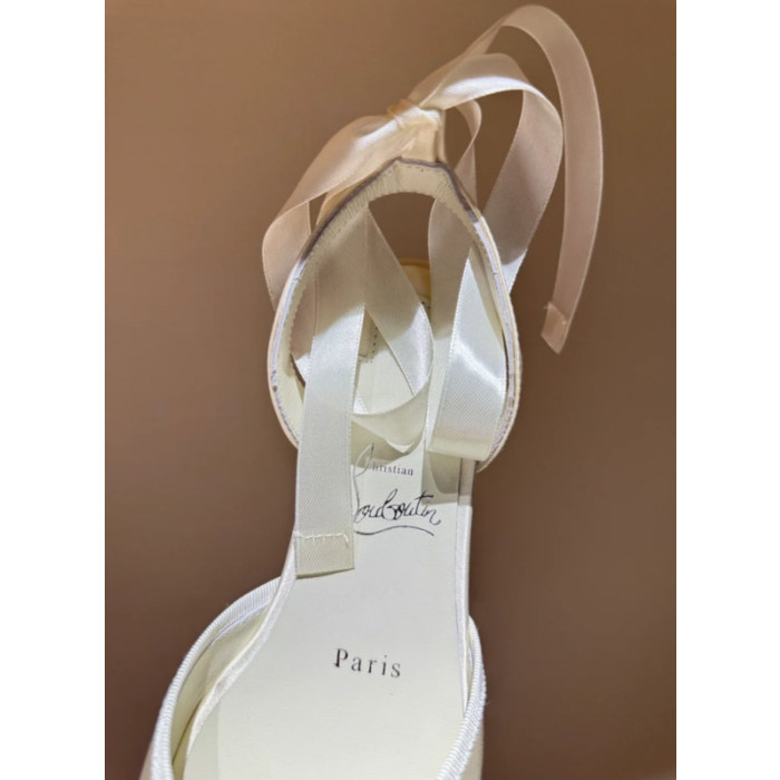 Christian Louboutin Ivory Satin Bow Tie‑Ankle Flat Ballet Sandals