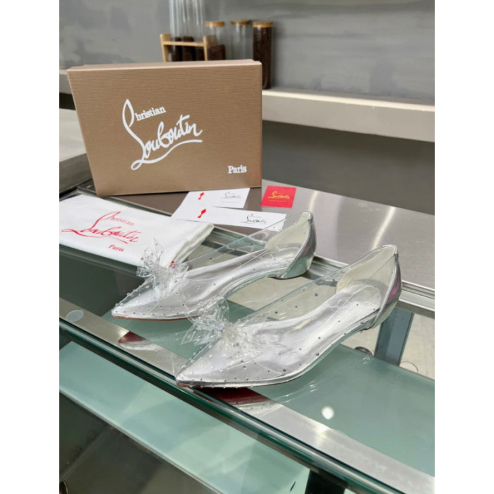 Christian Louboutin Silver Transparent PVC Bow Crystal Pointed‑Toe Flat Pumps