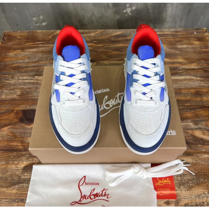 Christian Louboutin White‑Blue Denim Spiked Platform Low‑Top Sneakers
