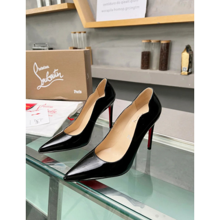 Christian Louboutin Black Patent Leather Scalloped Pointed‑Toe 120mm High Heel Pumps
