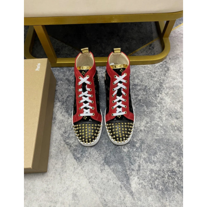Christian Louboutin Black Printed Suede Red‑Trim Gold‑Spiked High‑Top Sneakers