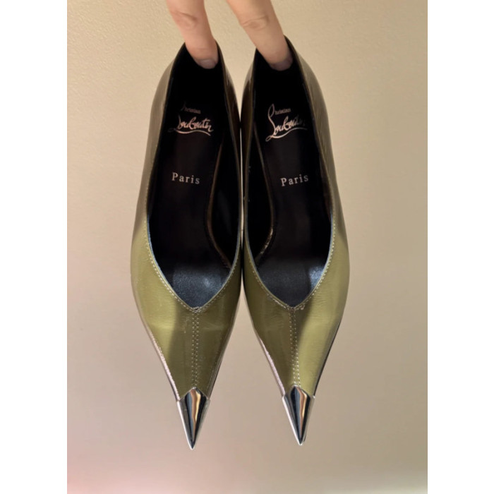 Christian Louboutin Taupe Patent 55mm Metal‑Tip Pointed Toe Kitten Heel Pumps