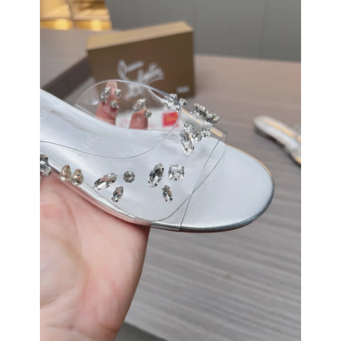 Christian Louboutin Clear Strap Crystal‑Adorned Silver Flat Slide Sandals