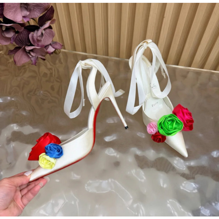 Christian Louboutin Ivory Satin Multicolor Rose Flower 100mm Stiletto Heel Slingback Pumps