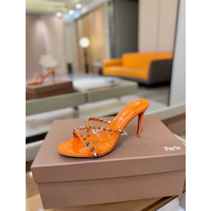Christian Louboutin Orange Patent Leather 100mm heel Silver‑Spiked Mule High‑Heel Sandals