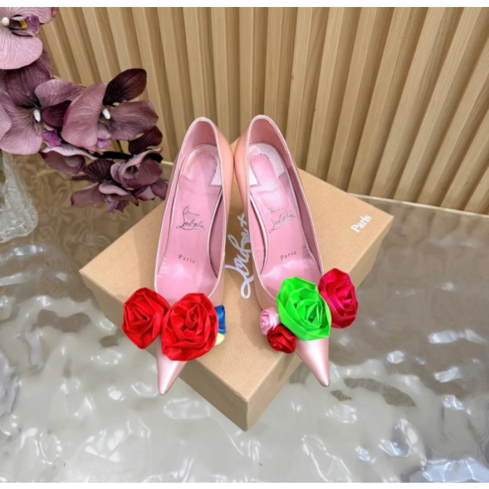 Christian Louboutin Pink Satin Multicolor Fabric Flower 100mm Stiletto Heel Pumps