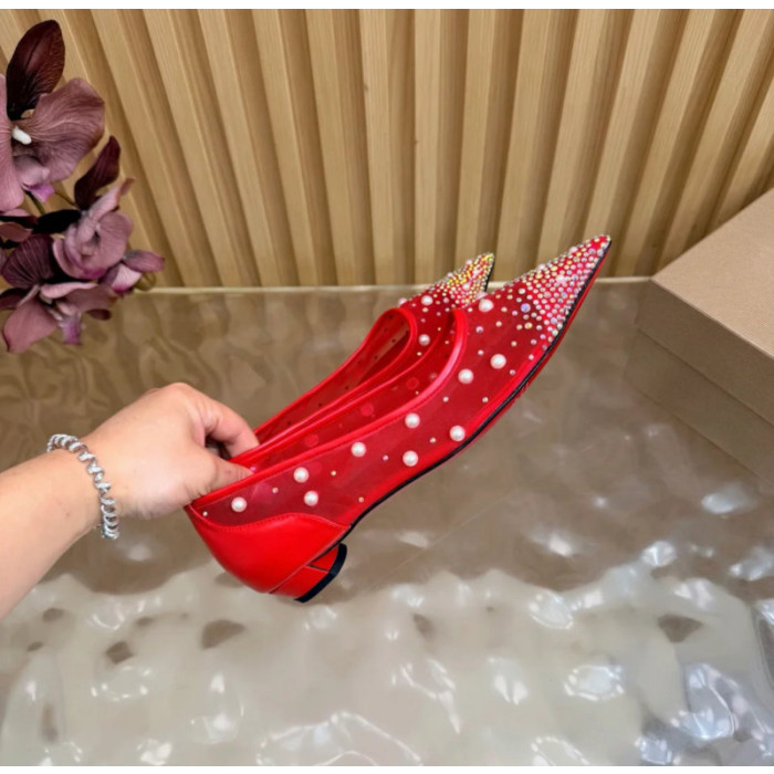 Christian Louboutin Red Mesh Pearl Crystal‑Embellished Pointed‑Toe Flat Pumps