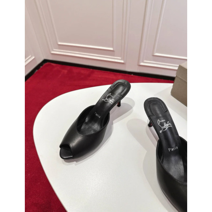 Christian Louboutin Black Leather 55mm Peep‑Toe Mule Heels