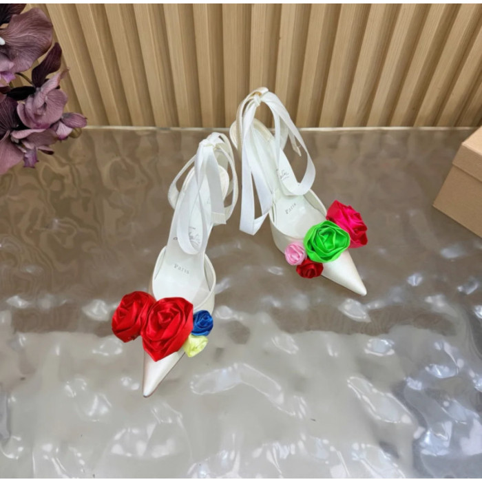 Christian Louboutin Ivory Satin Multicolor Rose Flower 100mm Stiletto Heel Slingback Pumps