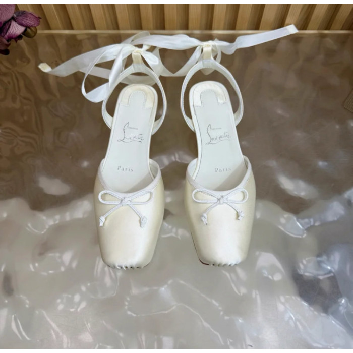 Christian Louboutin White Satin Bow Ankle‑Tie Slingback Ballet Flats