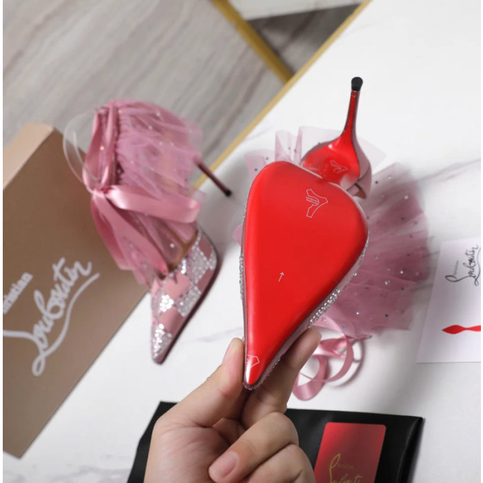 Christian Louboutin Dusty Pink Satin Checkerboard Crystal Tulle Ruffle 100mm Stiletto Heel Pumps