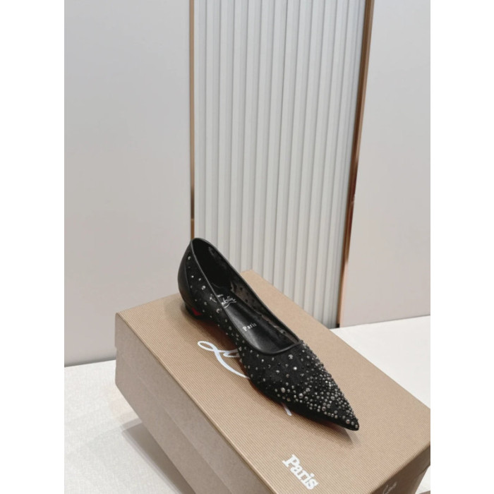 Christian Louboutin Black Mesh Rhinestone Pointed‑Toe Flat Shoes