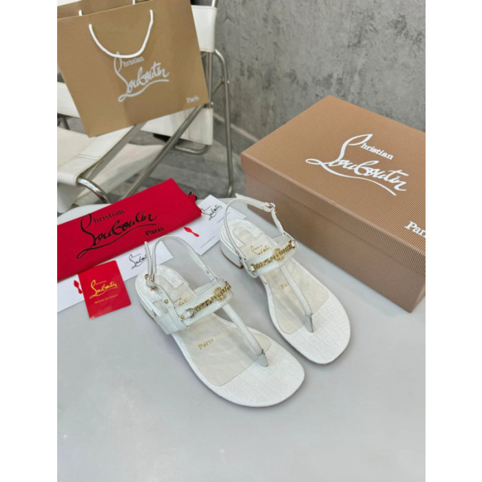 Christian Louboutin White Croc‑Embossed 45mm Block Heel Thong Sandals