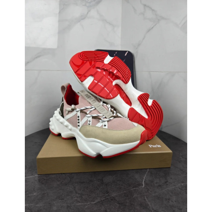 Christian Louboutin Pink‑Beige Spiked‑Sole Lace‑Up Chunky Sneakers Red Lining