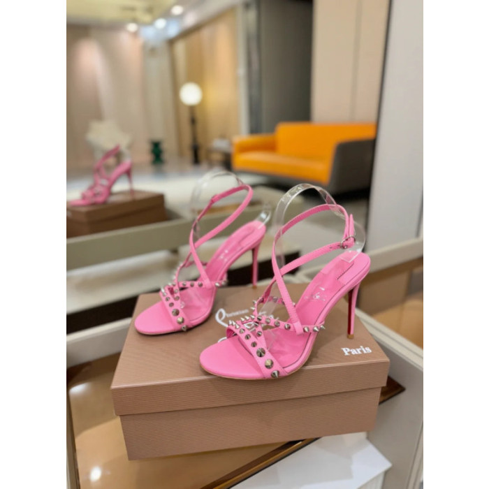 Christian Louboutin Bright Pink Leather Studded Crisscross Slingback High Heel Sandals 100mm heel
