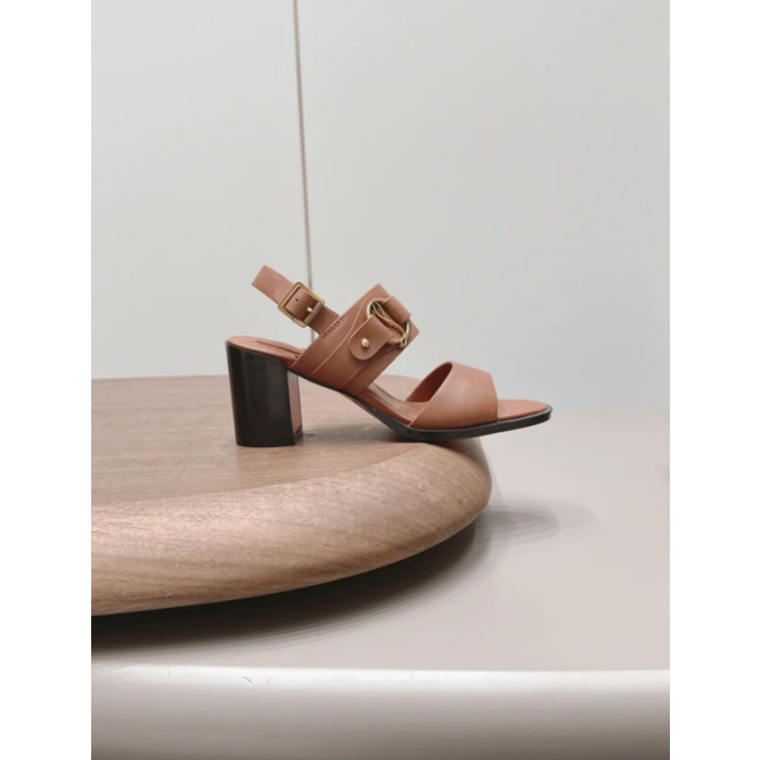 Christian Louboutin Tan Leather CL‑Logo Block Heel Ankle‑Strap Sandals 85mm heel