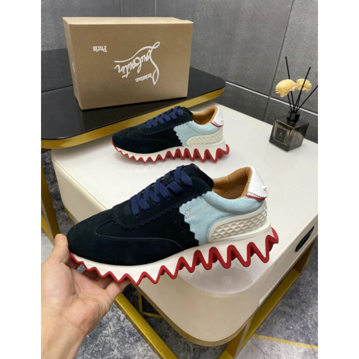 Christian Louboutin Navy‑Light‑Blue Suede Shark Tooth Sole Low‑Top Sneakers