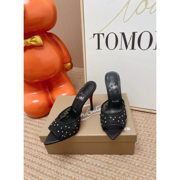 Christian Louboutin Black Tulle Rhinestone 100mm Stiletto Heel Backless Mules