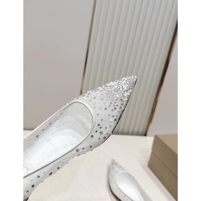 Christian Louboutin White Mesh Crystal‑Studded Pointed‑Toe Flat Shoes