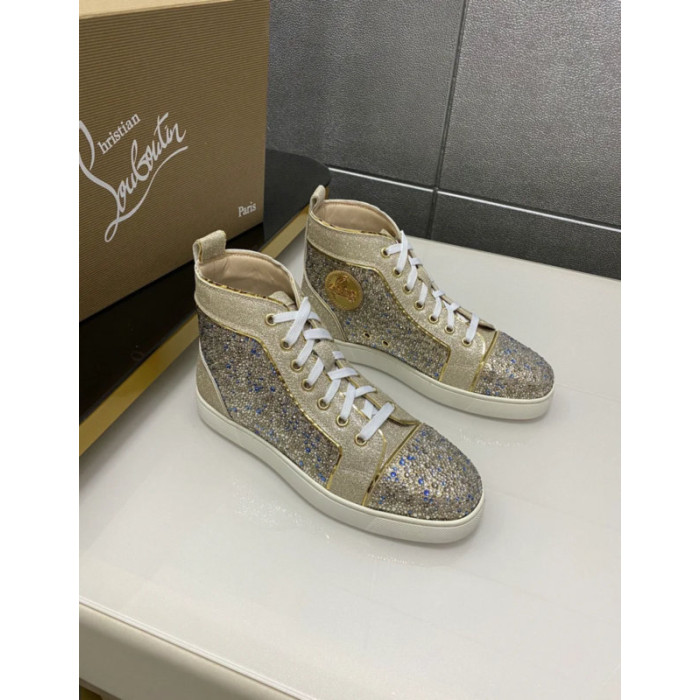 Christian Louboutin Gold Glitter Blue Crystal‑Embellished High‑Top Sneakers