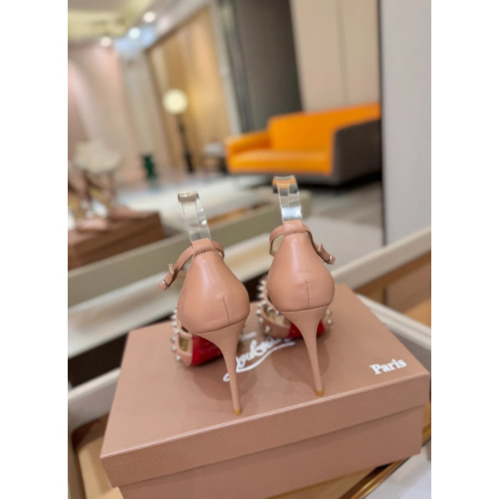 Christian Louboutin Nude Leather Spiked Crisscross Strap Pointed‑Toe High‑Heel Pumps