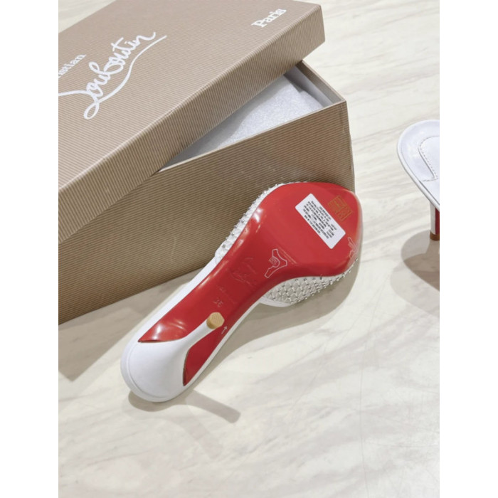Christian Louboutin White Mesh 85mm Crystal‑Embellished Peep‑Toe Slide Stiletto Heel Mules