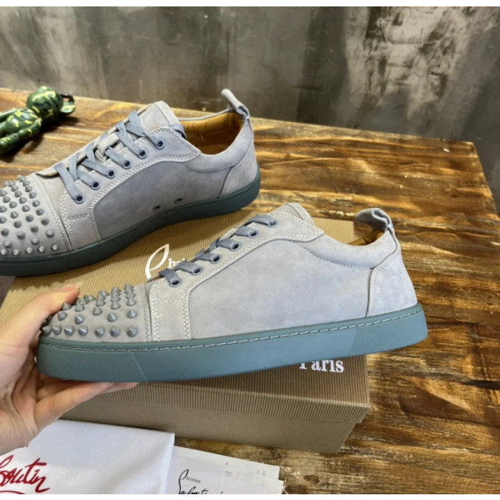 Christian Louboutin Light Grey Suede Tonal‑Spiked Low‑Top Men’s Sneakers