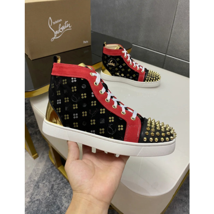 Christian Louboutin Black Printed Suede Red‑Trim Gold‑Spiked High‑Top Sneakers