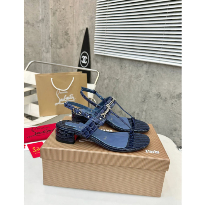 Christian Louboutin Navy Croc‑embossed Leather Block Heel Thong Sandal