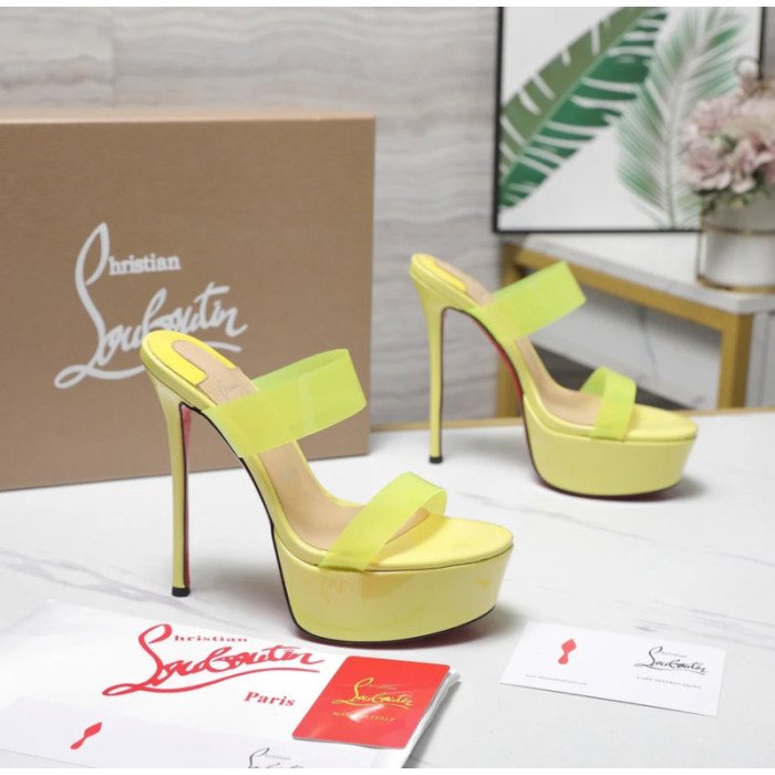 Christian Louboutin Neon Yellow Patent 150mm Clear‑Strap Platform Mule Heels