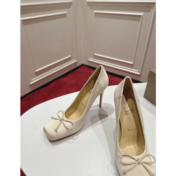 Christian Louboutin Ivory Satin Bow 100mm Square Toe Stiletto Pumps