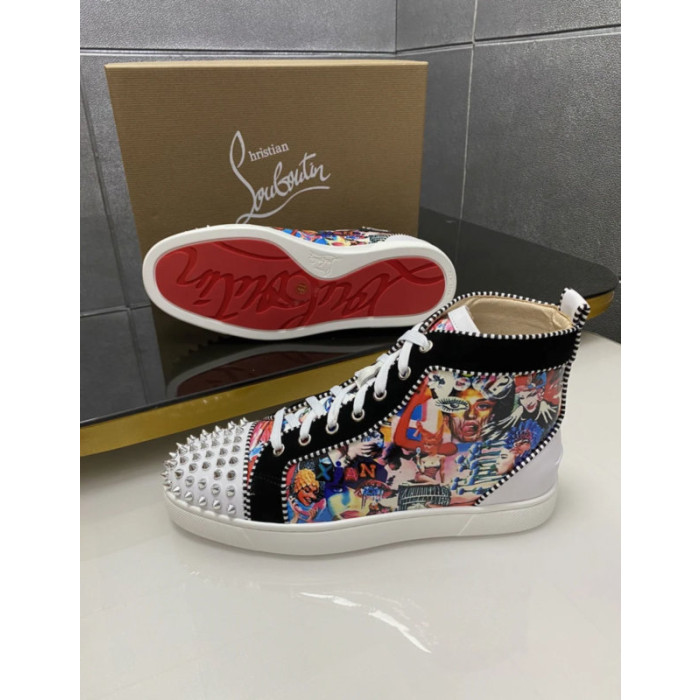 Christian Louboutin Colorful Graffiti Print Silver‑Spiked High‑Top Sneakers