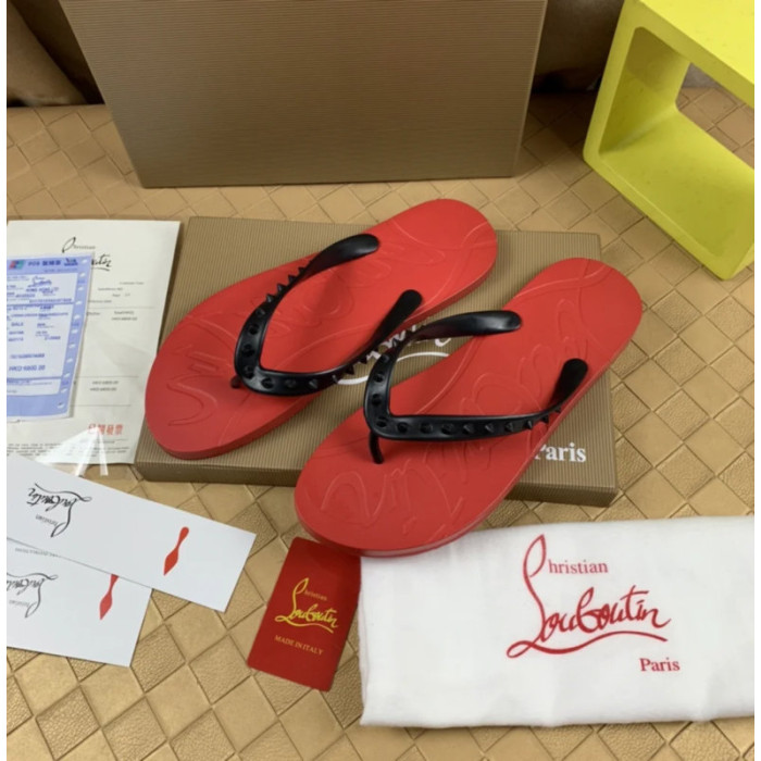 Christian Louboutin Red Embossed‑Logo Studded Flip‑Flop Sandals