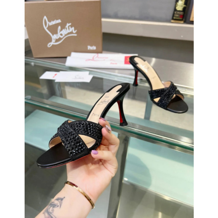 Christian Louboutin Black Crystal Crisscross Mule Slide Sandal 100mm heel