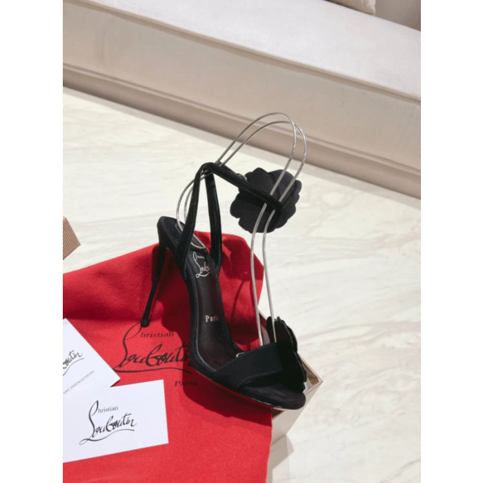 Christian Louboutin Black Satin 120mm Crystal Flower Stiletto Slingback Sandals