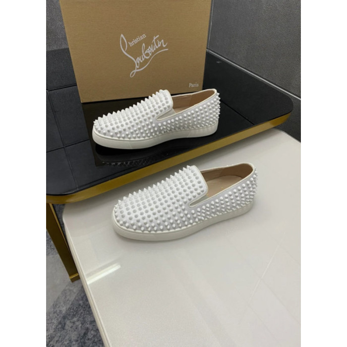 Christian Louboutin White Suede All‑Over Spiked Slip‑On Loafers