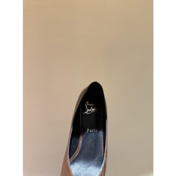Christian Louboutin Brown Patent Metal‑Tip Pointed Toe Kitten Heel Pumps