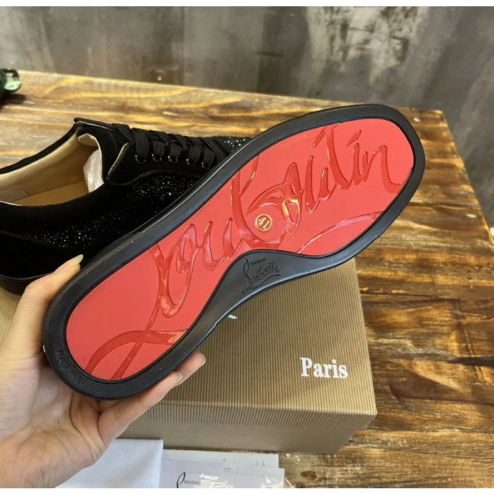 Christian Louboutin Black Suede Crystal‑Embellished Low‑Top Men’s Sneakers