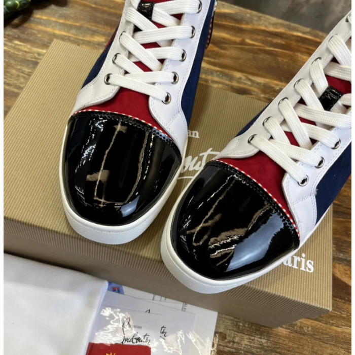 Christian Louboutin Navy Canvas Embroidered Color‑Block High‑Top Sneakers