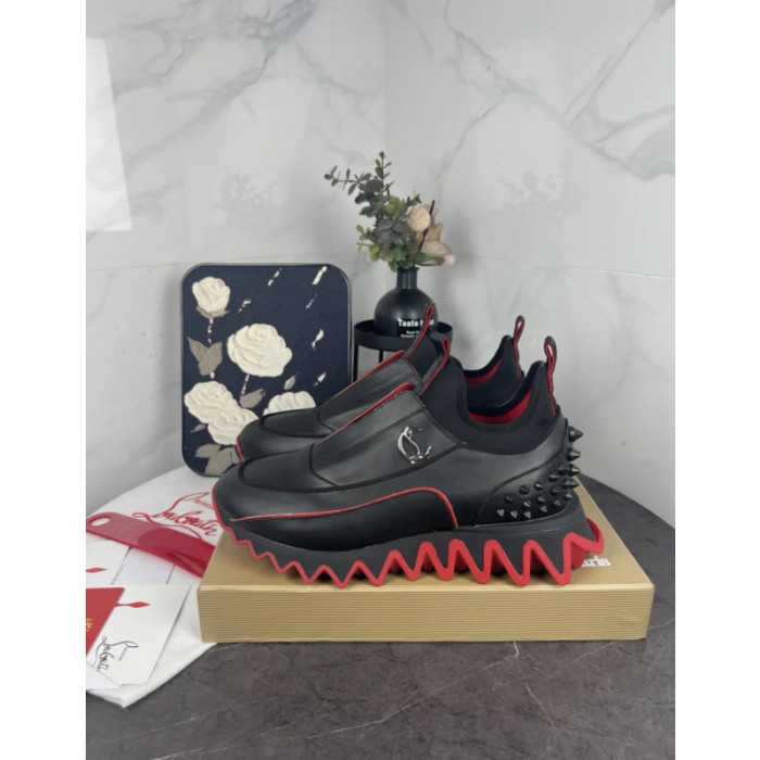 Christian Louboutin Black Slip‑On Sneakers Red Zigzag Sole Spiked Heel