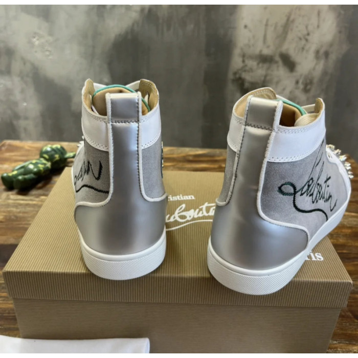 Christian Louboutin Grey Canvas Silver Spiked High‑Top Sneakers
