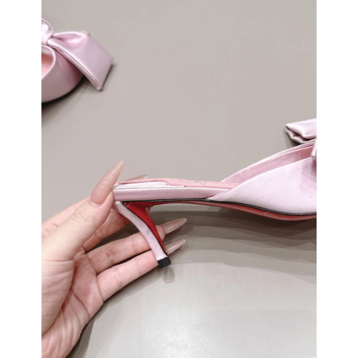 Christian Louboutin Pink Satin Oversized‑Bow Pointed‑Toe Mule Kitten Heel Sandals 55mm heel
