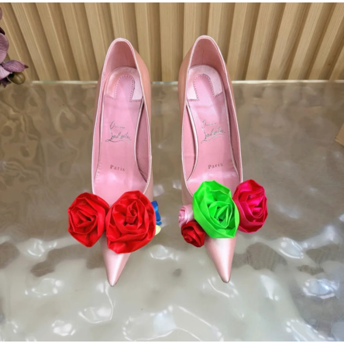 Christian Louboutin Pink Satin Multicolor Fabric Flower 100mm Stiletto Heel Pumps