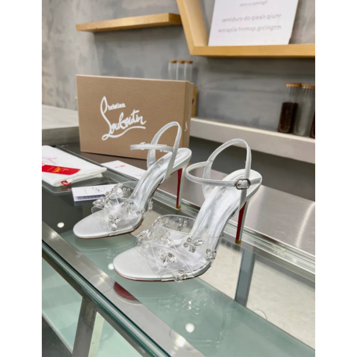 Christian Louboutin Silver Metallic Crystal‑Adorned 100mm Stiletto heel Sandals