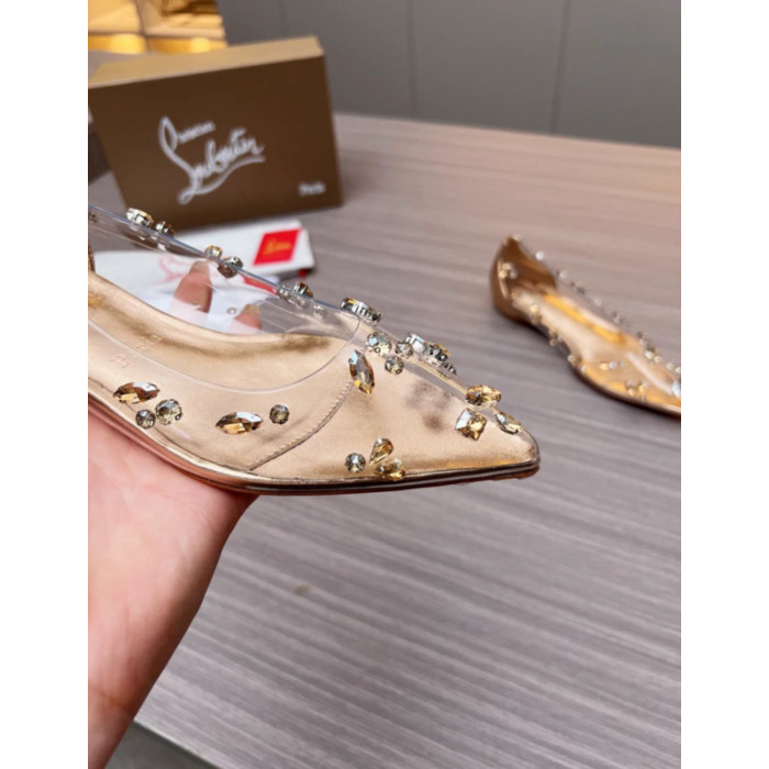 Christian Louboutin Clear PVC Golden Crystal‑Stud Pointed Toe Flat Pumps