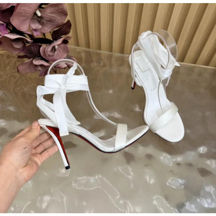 Christian Louboutin White Satin 100mm Ankle‑Wrap Tie Stiletto Sandals