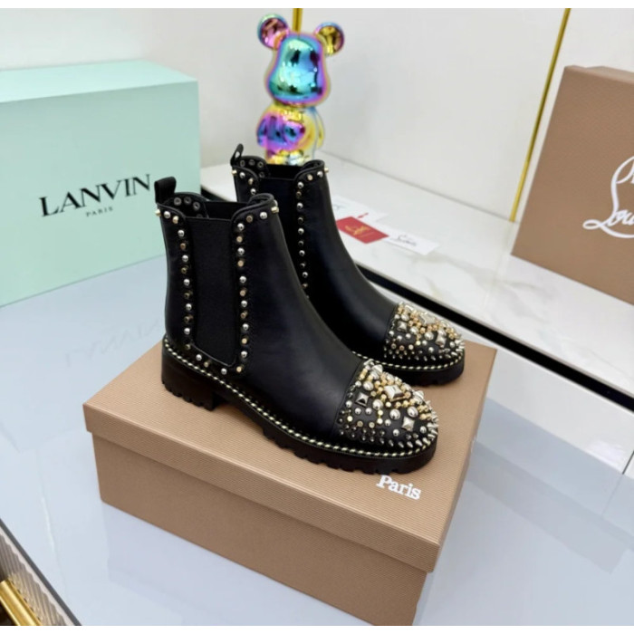Christian Louboutin Black Leather Mixed‑Metal Studded Chelsea Ankle Boots Block Heel