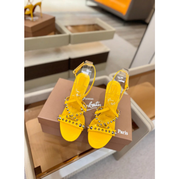 Christian Louboutin Yellow Patent Studded Crisscross Ankle‑Strap Open‑Toe 100mm Stiletto High Heel Sandals