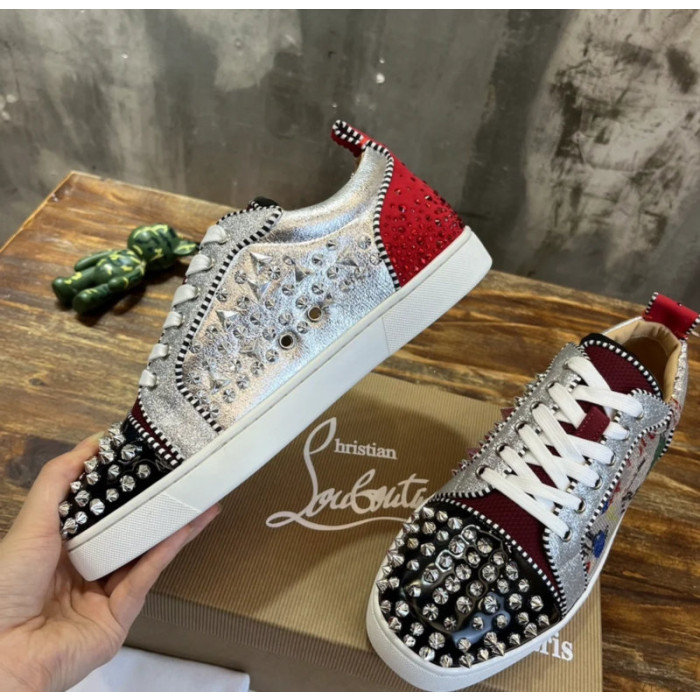 Christian Louboutin Graffiti Print Mixed‑Media Spike Low‑Top Sneakers