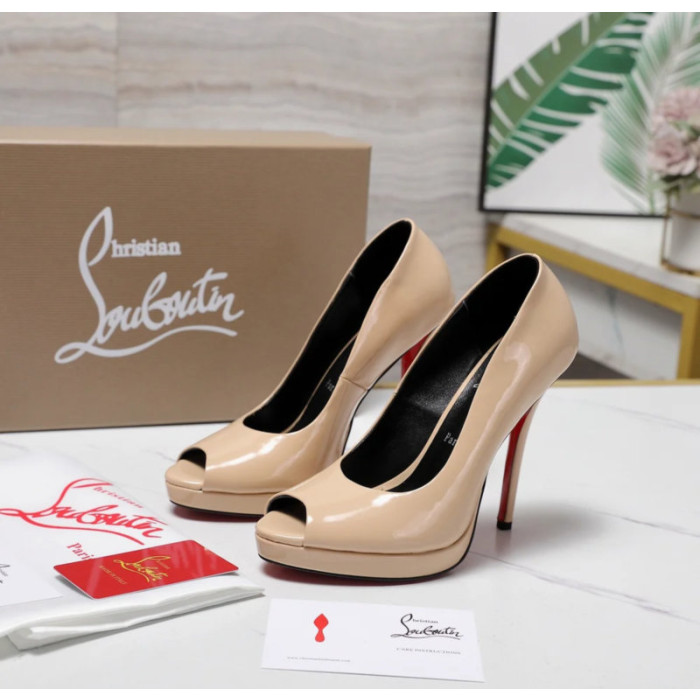 Christian Louboutin Lady Z 120 Nude Patent Peep‑Toe Platform Stiletto Heel Pumps
